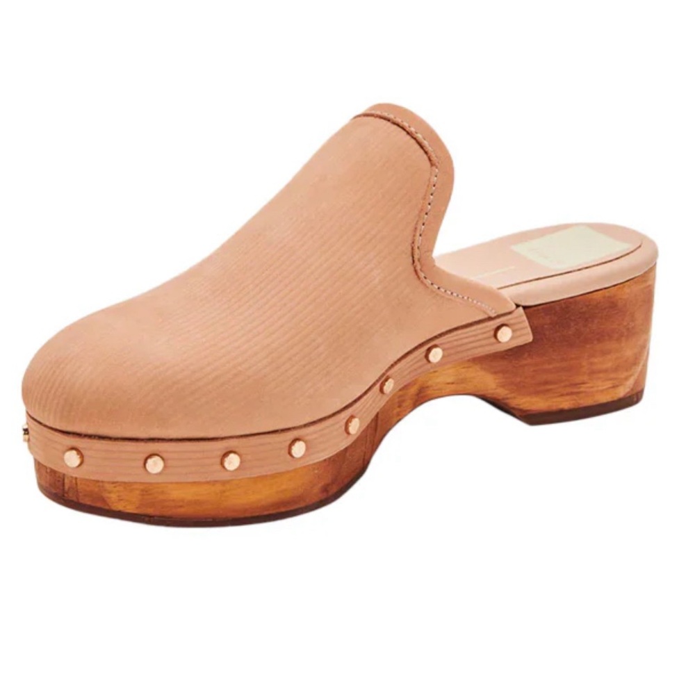 DV by DOLCE VITA Closen Nubuck Camel Studded Wooden Heel Clogs Size 8 GUC - Picture 2 of 6